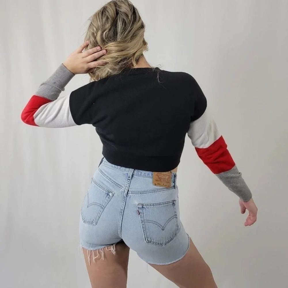 Striped Colorblock Crop Pullover Sweatshirt - S